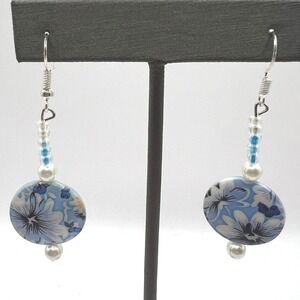 Dangle Porcelain Pierced Earrings Blue White‎ Flowers Faux Pearl Beads Drop